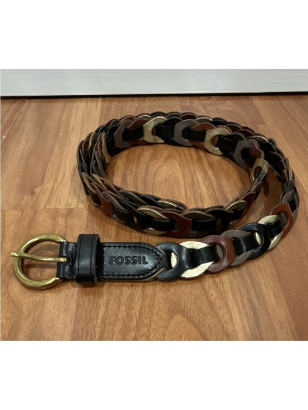 Fossil Braided Leather Belt in Black, Brown & Gold-Tone